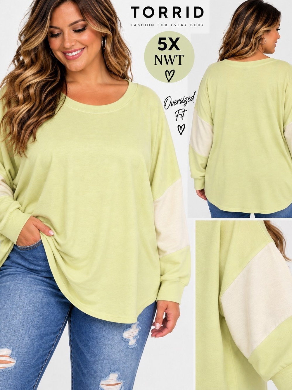 torrid Lime & Cream Colorblock Oversized Long-Sleeve Top